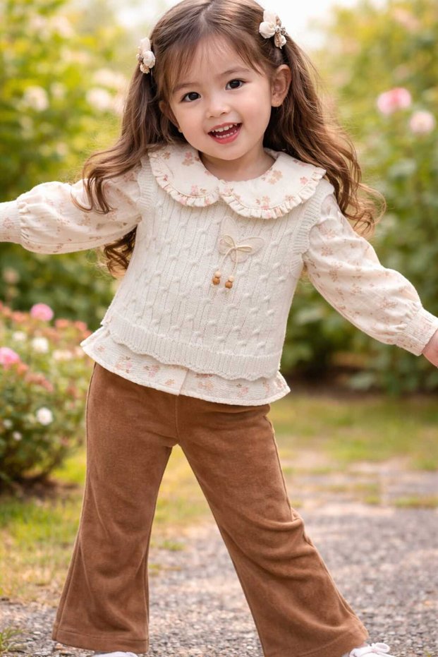 Girl's Beige Floral Blouse, Hair Braid Sweater and Brown Flared Pants 3-Piece Set