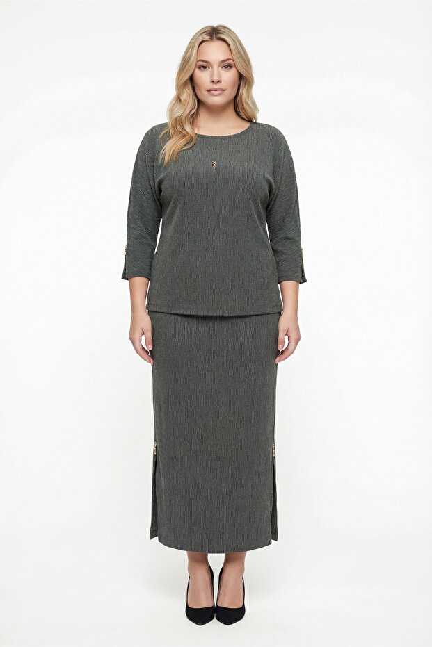 Women's Khaki Summer Clothes with Elastic Waist, Sleeves and Side Zippers with Accessories Top and Bottom Set