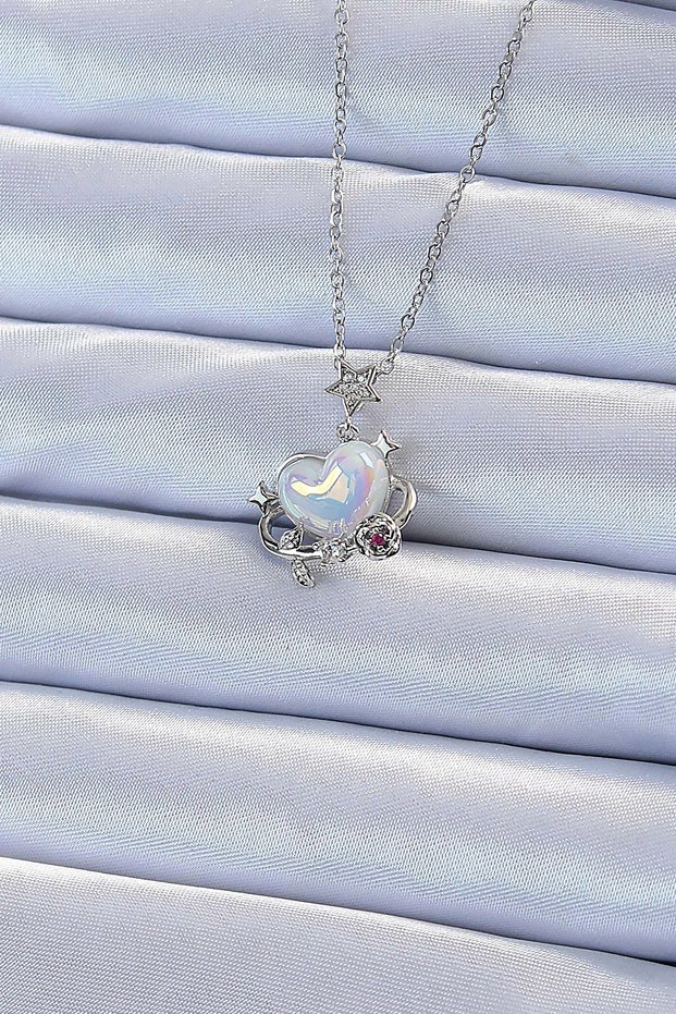 316L Steel Chain Silver Color Zircon Stone Planet Look Heart Necklace