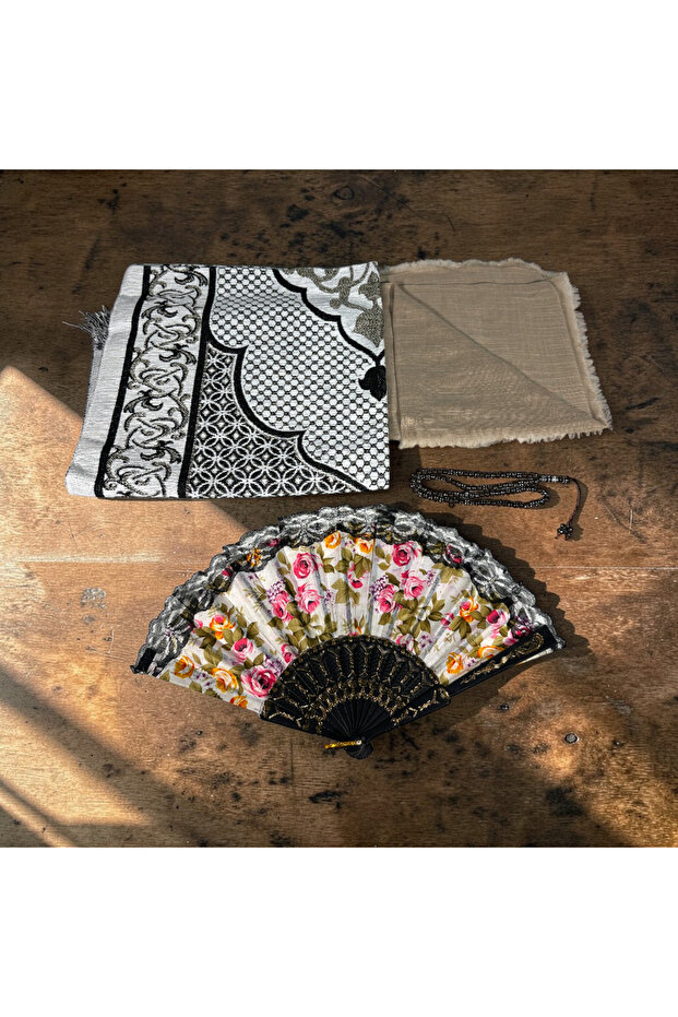 Fan-Shaped Prayer Rug Set | Prayer Rug, Scarf and Fan Gift Set