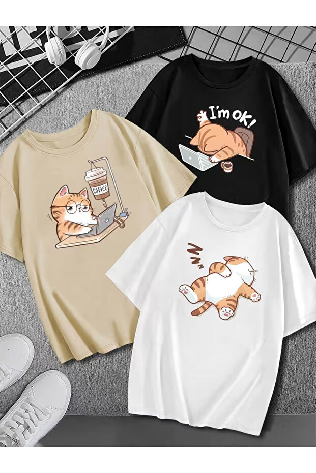 Women's Cat Printed Oversized Comfortable Daily Use Combed Cotton T-Shirt Set of Three