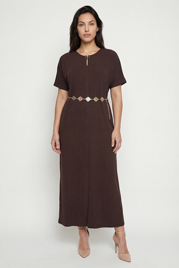 Women's Brown Summer Dress with Slit Accessories, Invisible Zipper Pieces, Belt Pieces