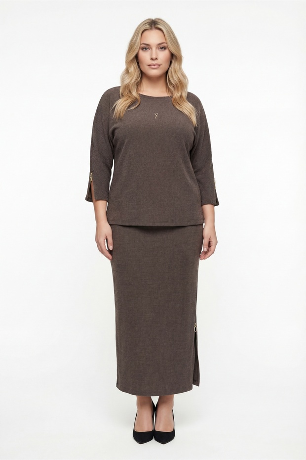 Women's Brown Summer Dress with Elastic Waist, Sleeves and Side Zippers with Accessories Top and Bottom Set