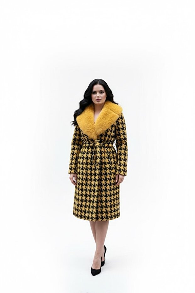 Fur Collar Houndstooth Patterned Coat