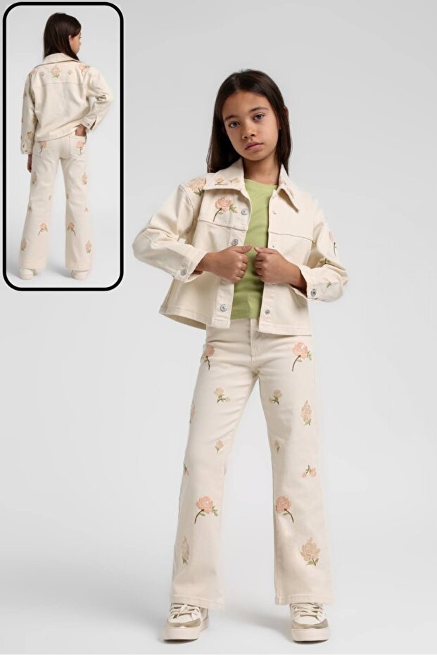 Floral Embroidered Gabardine Coat and Trousers Set (T-Shirt Is Not Included.)