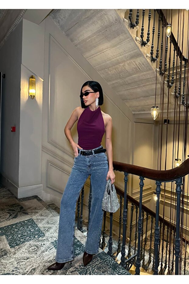 High Waist Shiny Stone Pattern Palazzo Jean Trousers