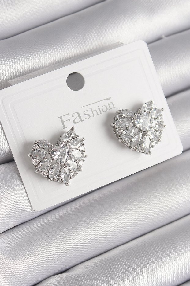 Brass Silver Color Zircon Stone Heart Model Women's Earrings