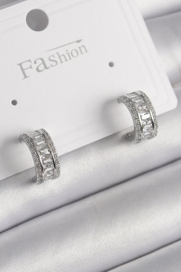 Brass Silver Color Zircon Stone Hoop Model Women's Earrings