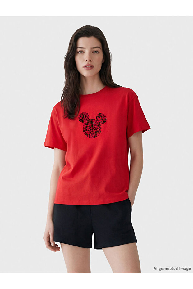 Lcw Comfort Red Mickey Mouse Printed 100% Cotton Women's T-Shirt
