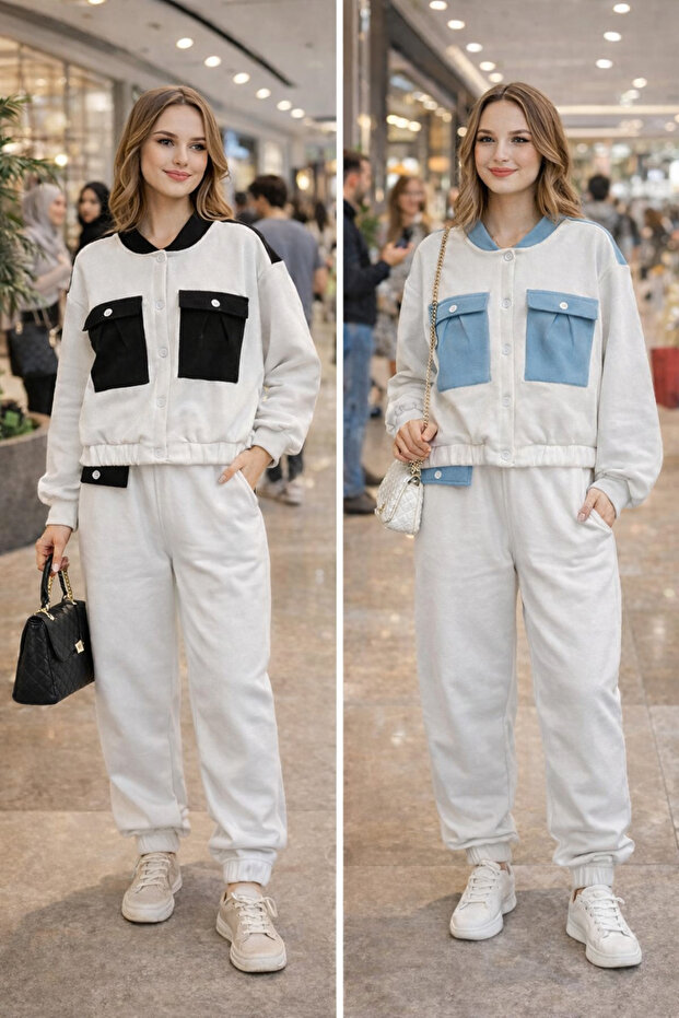 صوف الفليس 3 خيوط مبطن بالصوف بجيوب طقم مزدوج - 1