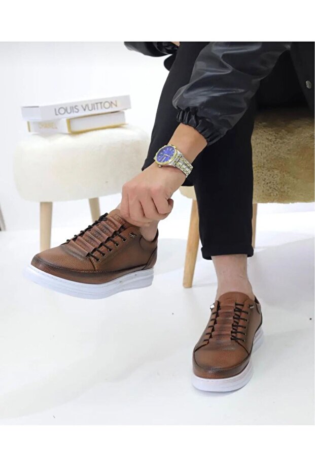 Men's Leather High-Sole Stitched Sports Shoes Sneakers