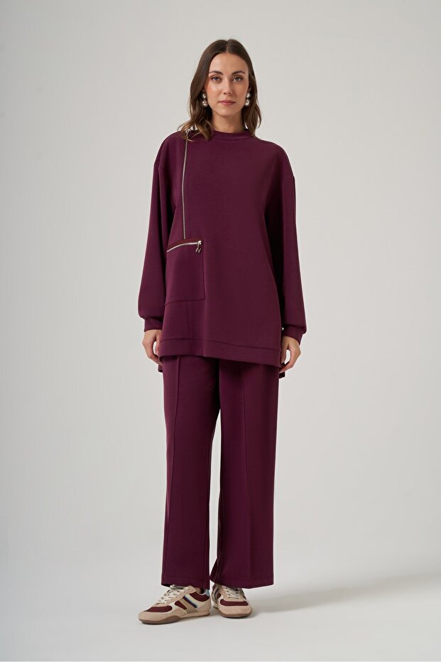 1077 Double Gold Zip Detail Trouser Suit - Plum