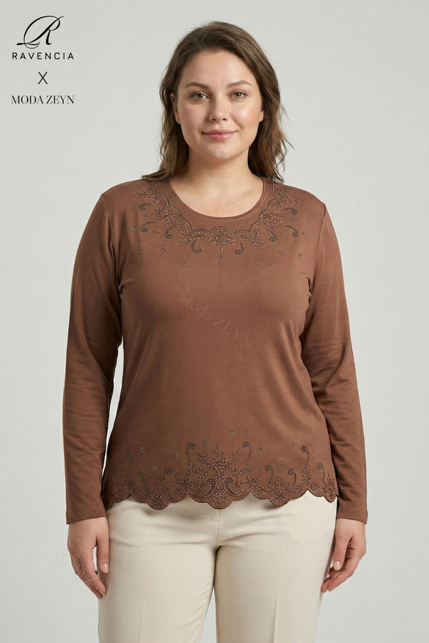 Women's Cinnamon Star Patterned Stoned Slit Lycra Mother Combed Cotton Blouse