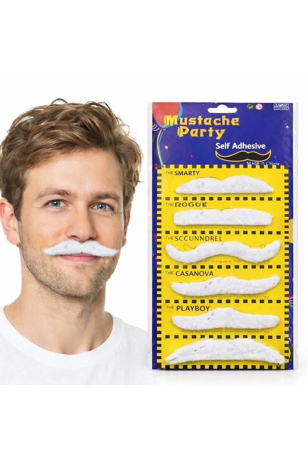 6-Piece Adhesive White Party Mustache Set – Different Models