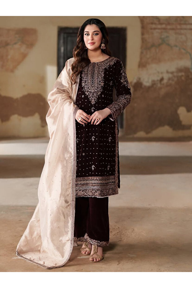 Maroon Velvet Top Bottom & Dupatta - HRT5527 | Maroon-Size:L-40-Inches