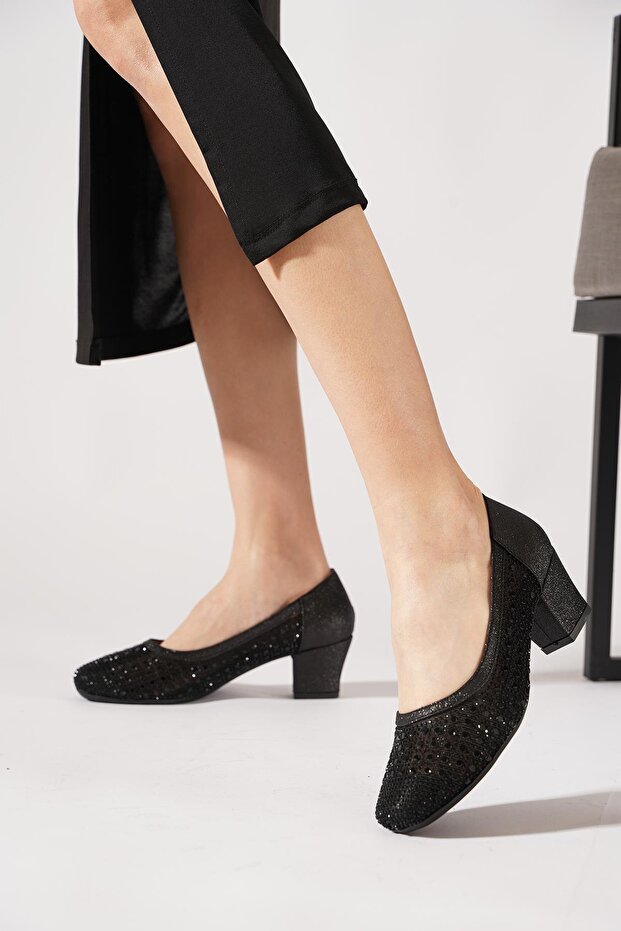 Hursemest Women's Classic Heeled Shoes Black Glitter with Stone Sequins