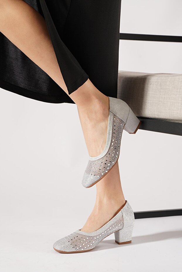 Hursemest Women's Classic Heeled Shoes Silver Glitter with Stone Flakes