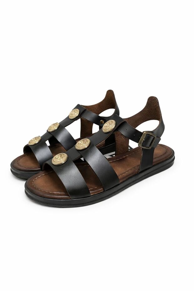 Women's Black Buckled Lightweight Daily Leather Tozu Bodrum Sandals