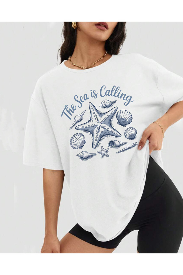 The Sea Calling Printed Crew Neck Short Sleeve Oversized Women's Combed Cotton Tshirt