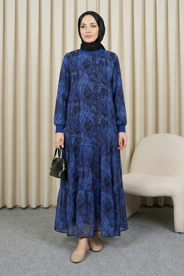 Authentic Pattern Lined Chiffon Dress - Navy Blue