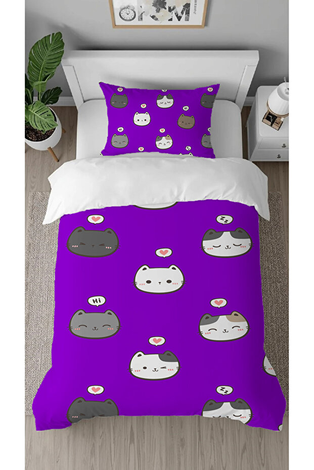 Sweet Cat Panda Teddy Bear Patterned Special Design with Digital Print Pieces Bed Sheet Sız Single Duvet Cover Set