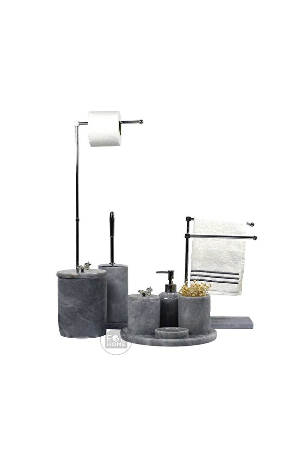 Decorative Natural Gray Marble 7 Pieces - Wc Towel Holder - Double Towel Holder Bathroom Set with Silver Accessories