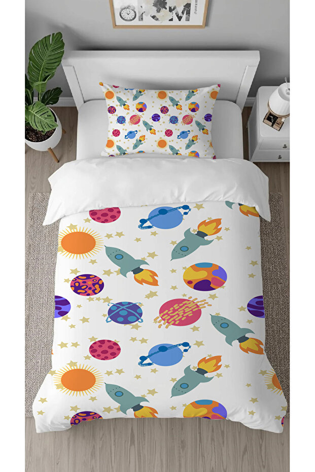Rocket Star Moon Space Patterned Special Designed with Digital Print Pieces Bed Sheet Sız Single Duvet Cover Set