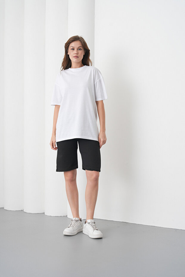 Women's White Black Cotton Piece Combed Cotton Short Sleeve Pocketed Shorts Set