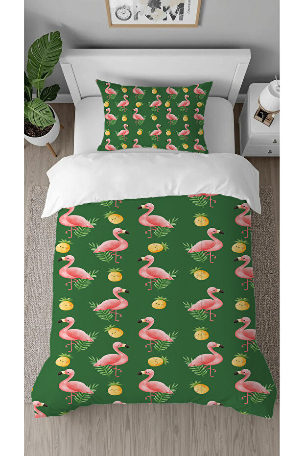 Flamingo Ananas Patterned Digital Print Pieces Specially Designed Bed Sheet Pieces Single Duvet Cover Set
