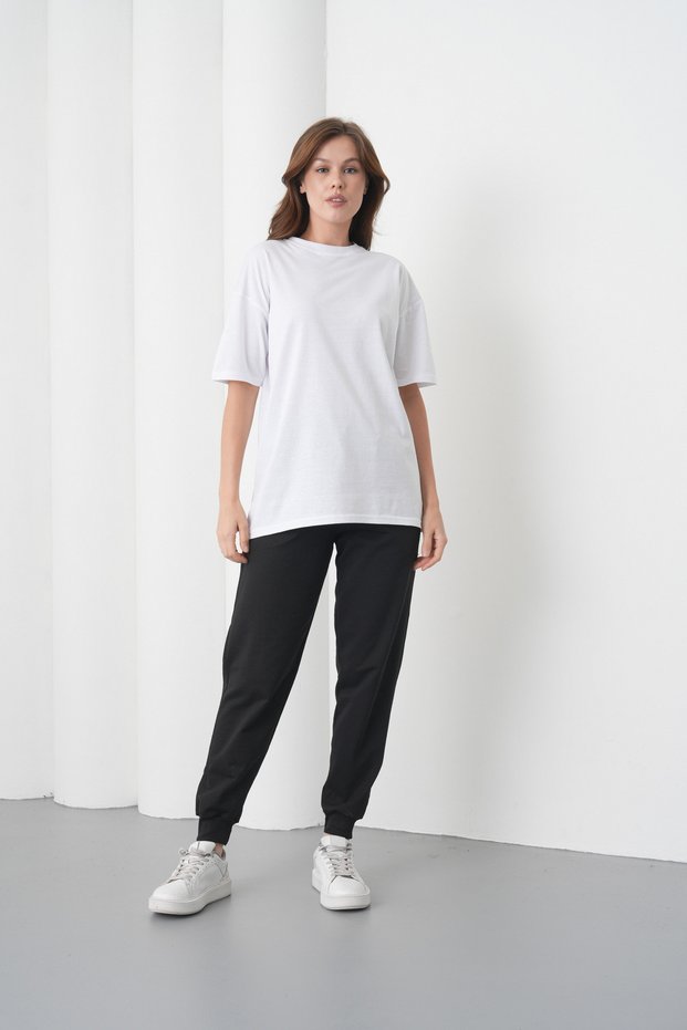 Women's White-Black Cotton Pack Crew Neck T-Shirt Pocketed Jogger Pants Top and Bottom Set