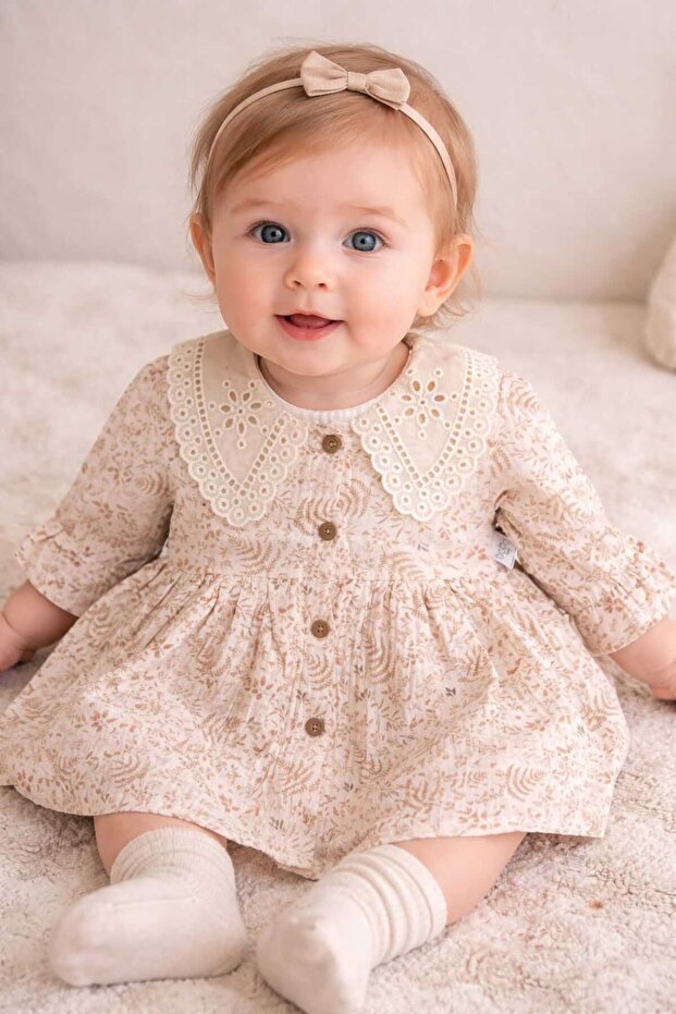 100% Organic Cotton Layer Lace Collar Lined 4-Layer Muslin Eid Dress for Baby Girl