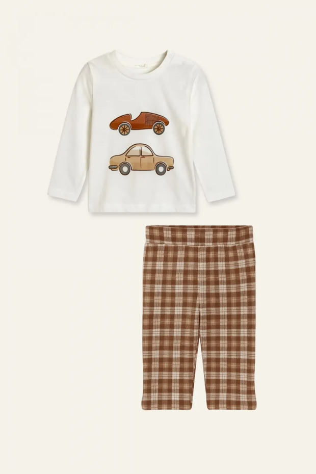 Araba Printed Baby Boy Crew Neck T-Shirt and Plaid Pants Set - Beige