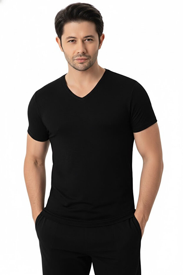 Men's Bamboo Breathable Thin Comfortable Summer Fabric S Slim Fit V-Neck Boxed Short Sleeve T-Shirt