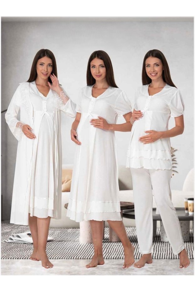 Women's Ecru Short Sleeve Lace Detailed Summer Stylish Maternity Pajama Set Nightgown 4-Piece Set
