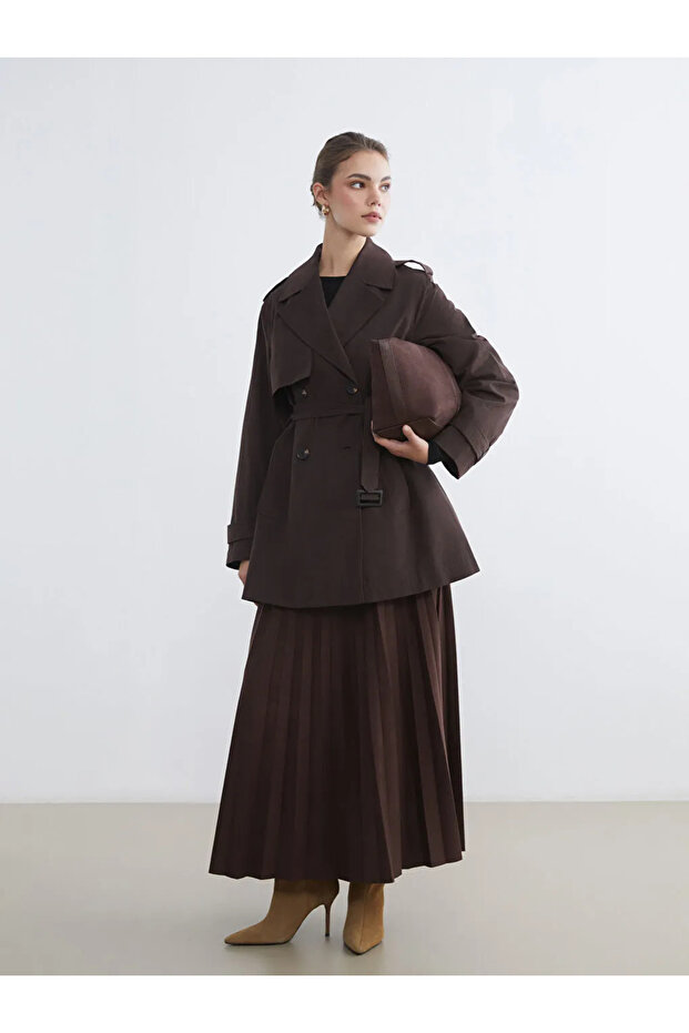 Lcw Modest Brown Double-Breasted Collar Women's Trench Coat