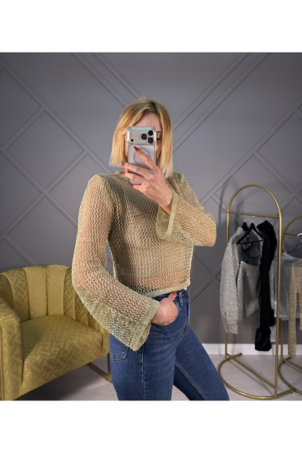 File Örgü Gold Simli Bluz - 2