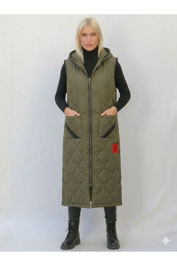 Women's Italian Quilted Li Hooded Oversized Puffer Long Vest