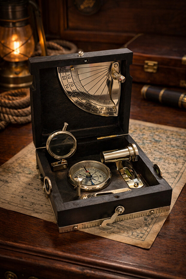 Vintage Nautical Navigation Set with Wooden Box – Brass Compass & Sundial Design 12X6 cm