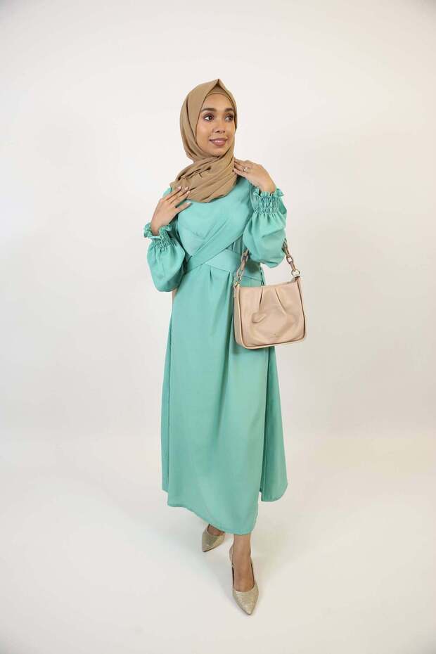 Sati - Enchanting no sheer maxi dress with front wrapped belt and pleated sleeves - Neon Green