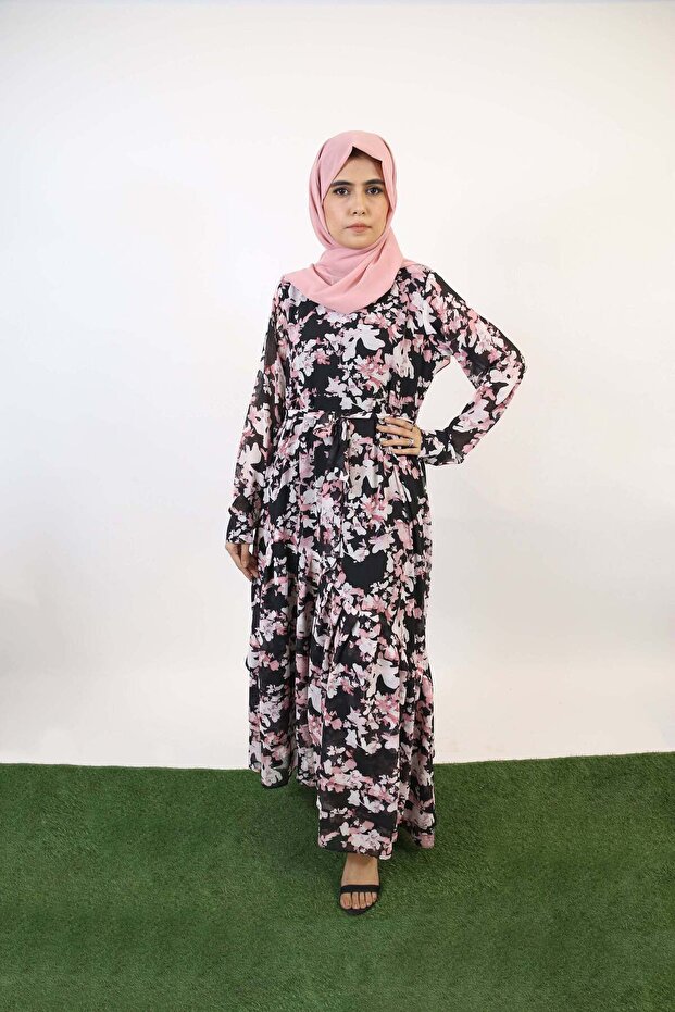 Zahri - Sublime floral Chiffon fully lined Maxi dress with diagonal cut hem and paired belt