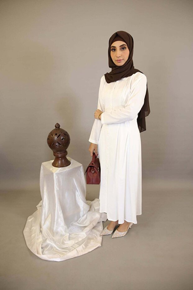 Luluah - Splendid Linen Pleated Maxi Dress with Top Down Buttons - White