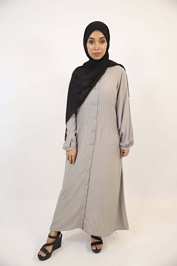 Hamamah- Minimal Linen Modest Maxi Dress with pleated waist- Smoke Gray