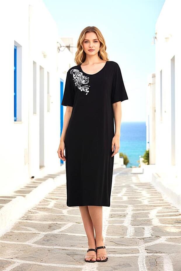 Black short sleeve midi dress with embroidered collar and pockets