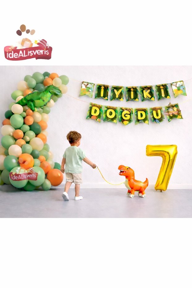Jurassic Adventure Dinosaur Birthday Party Concept Set Ornament Walking Dinosaur with Gold Number Balloon