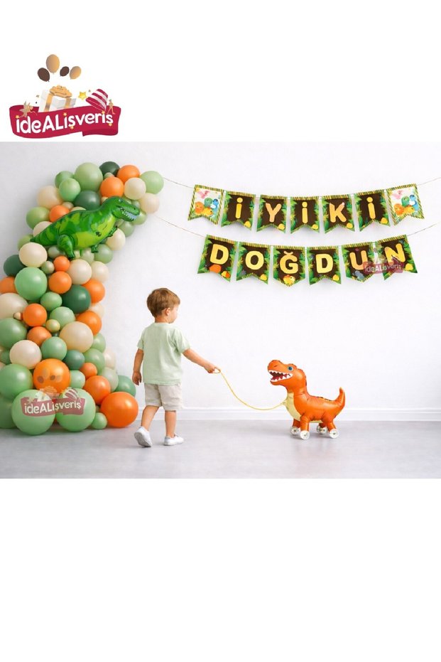 Jurassic Adventure Dinosaur Birthday Party Concept Set Ornament Walking Dinosaur with Gold Number Balloon