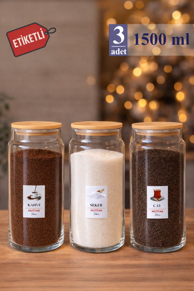 Pureglass 1500 ml Set of 3 Glass Jars with Wooden Lids – Tea, Coffee, Sugar Storage Container, Labeled