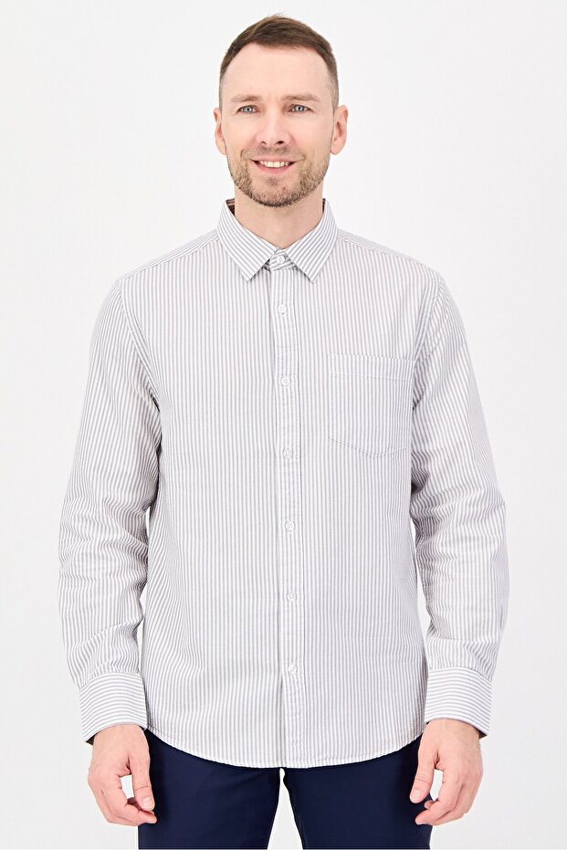 Men Regular Fit Stripe Long Sleeve Casual Shirt, Light Grey