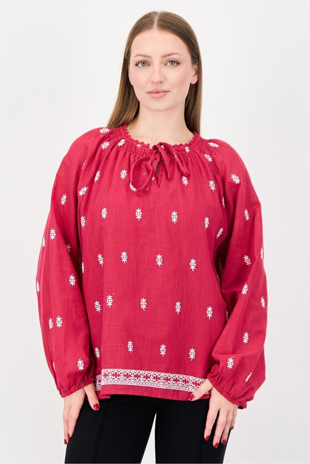 Women Tie Neck Embroidered Long Sleeve Blouse, Dark Pink