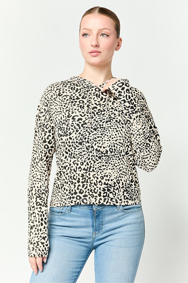 Women Hooded Animal Print Long Sleeve Top, Multicolor