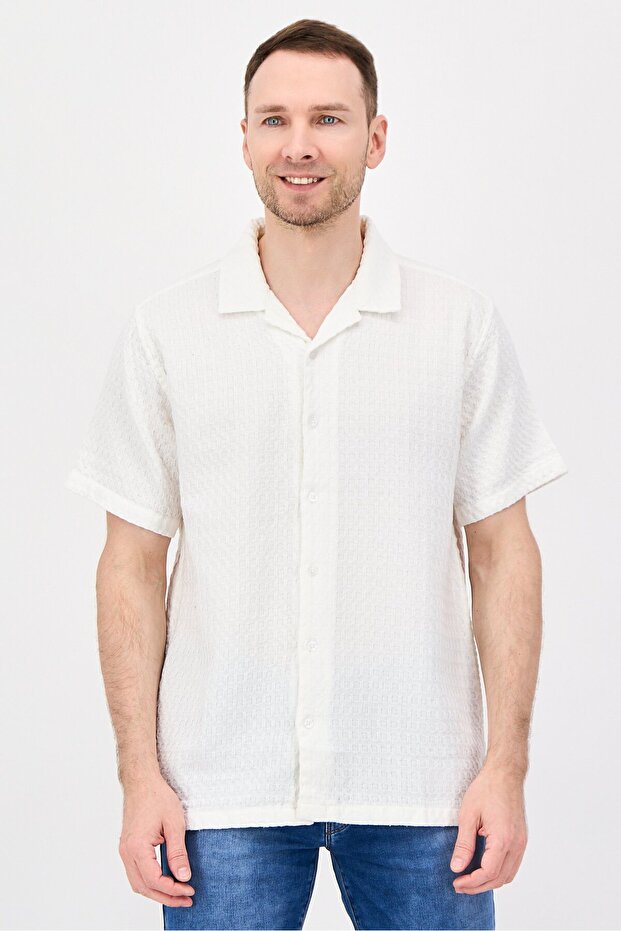 Jeans Men Regular Fit Short Sleeve Textured Casual Shirt, White